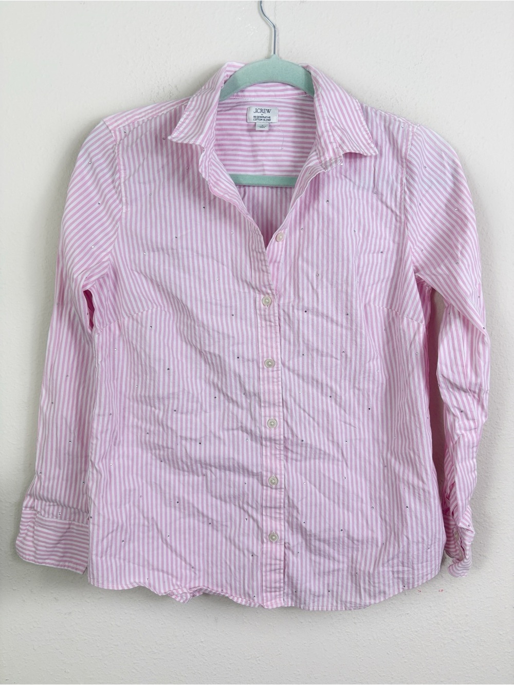 J. Crew Pink White Stripes with‎ Rhinestone details Button Down Shirr size Small